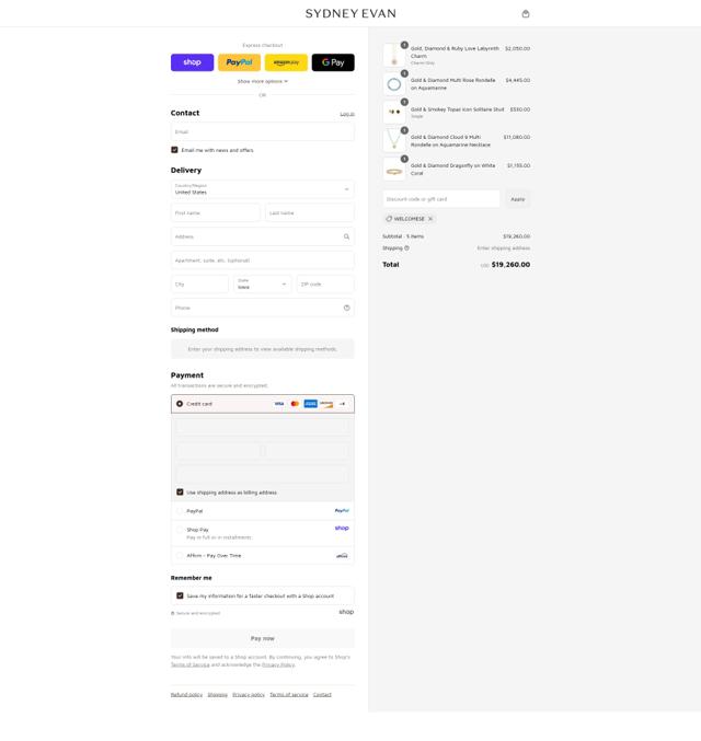 Sydney Evan checkout page showing Sydney Evan discount code box | Screenshot taken by SimplyCodes community member on Aug 31, 2025