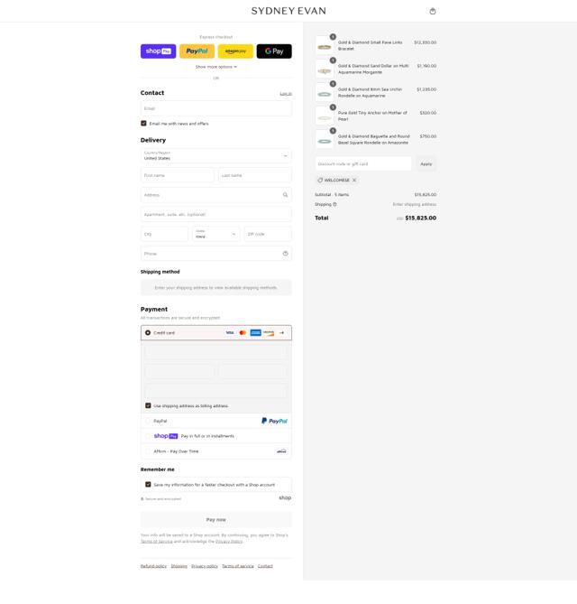Sydney Evan checkout page showing Sydney Evan discount code box | Screenshot taken by SimplyCodes community member on Aug 9, 2025