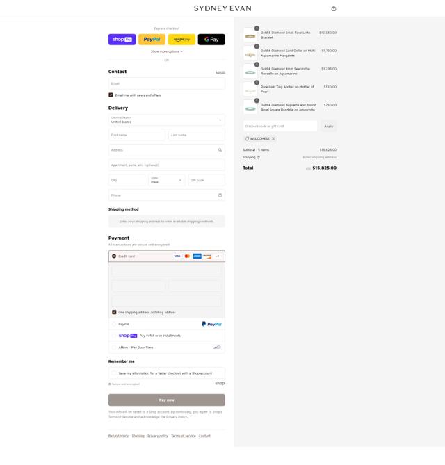 Sydney Evan checkout page showing Sydney Evan discount code box | Screenshot taken by SimplyCodes community member on Aug 5, 2025