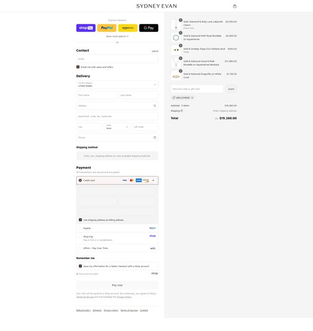 Sydney Evan checkout page showing Sydney Evan discount code box | Screenshot taken by SimplyCodes community member on Aug 27, 2025