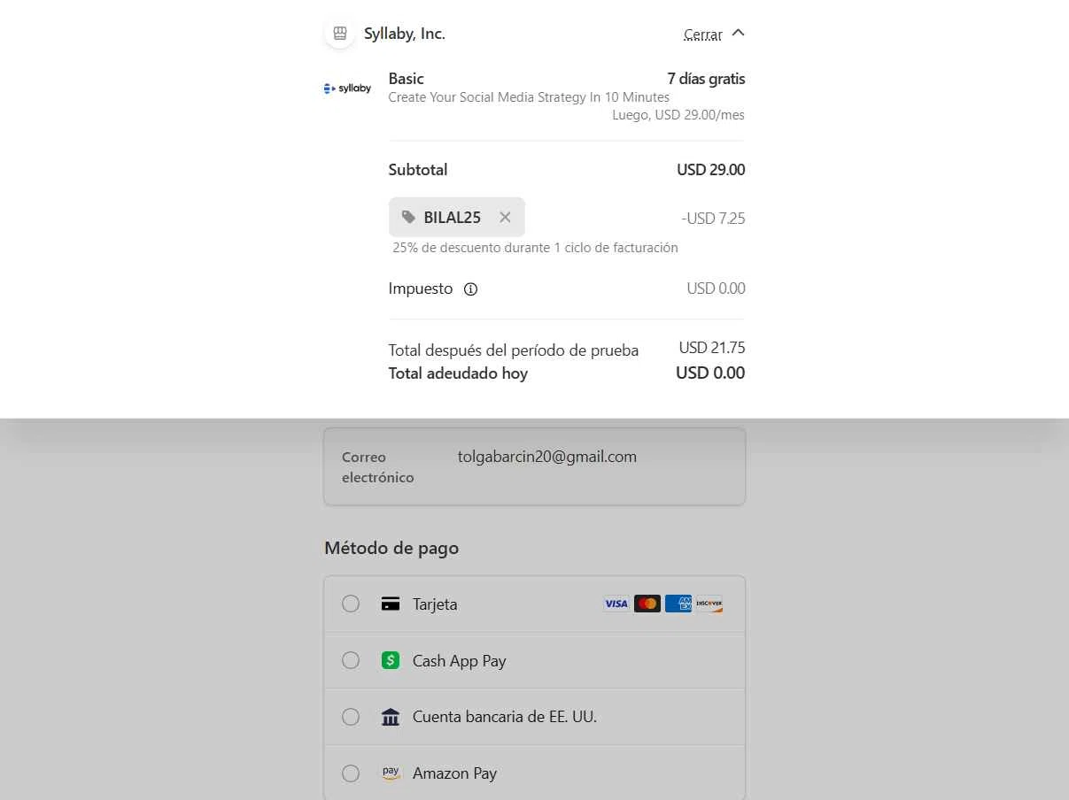 Syllaby checkout page showing Syllaby promo code box | Screenshot taken by SimplyCodes community member on Jan 30, 2026