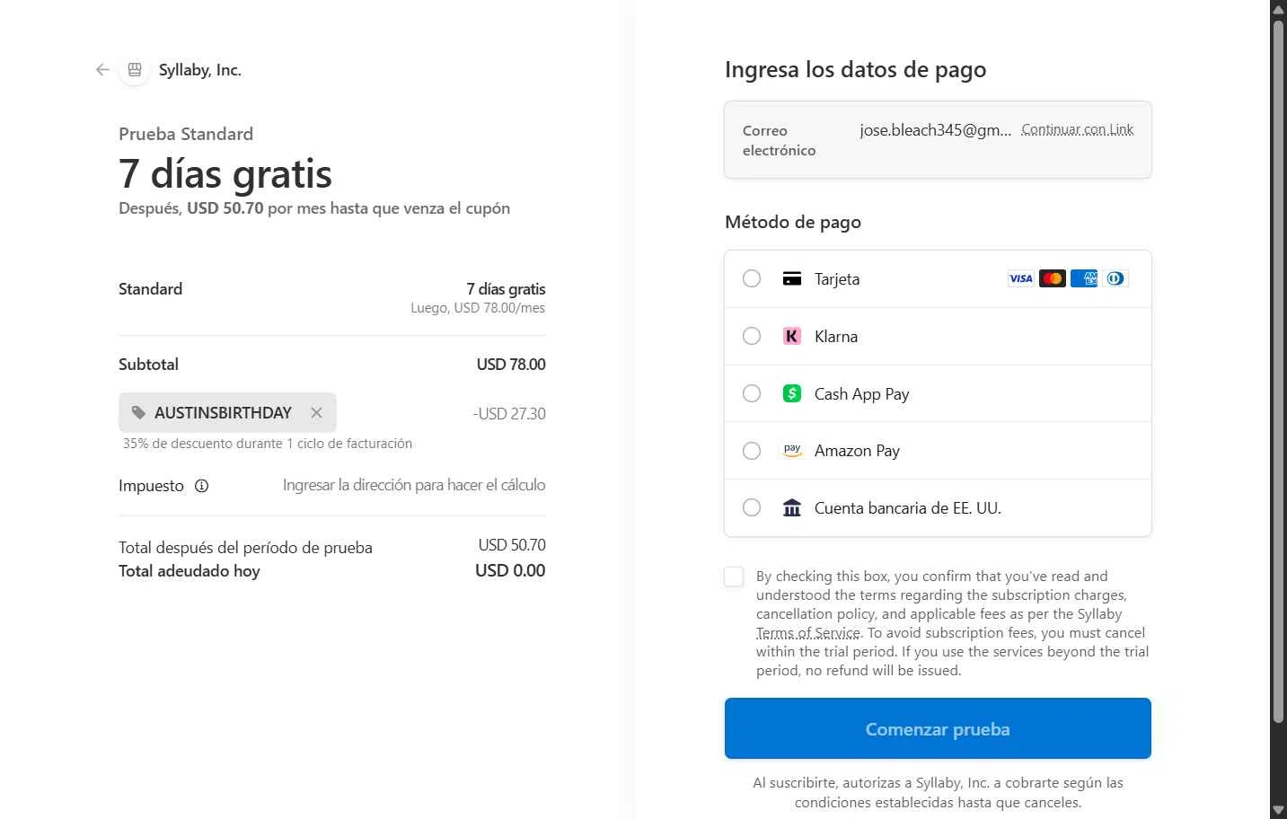 Syllaby checkout page showing Syllaby promo code box | Screenshot taken by SimplyCodes community member on Jan 30, 2026