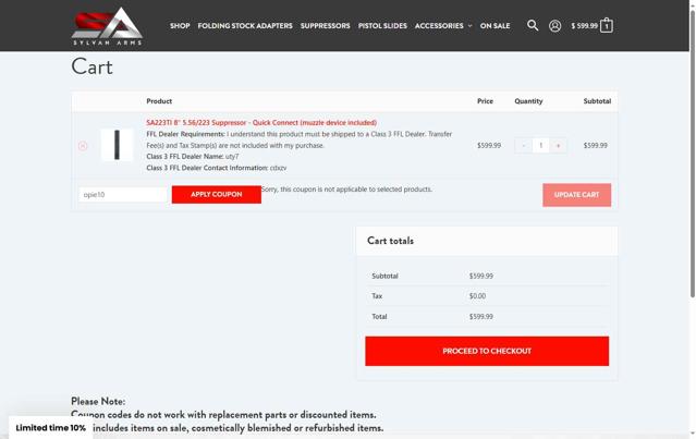 Sylvan Arms checkout page showing Sylvan Arms coupon code box | Screenshot taken by SimplyCodes community member on May 22, 2025