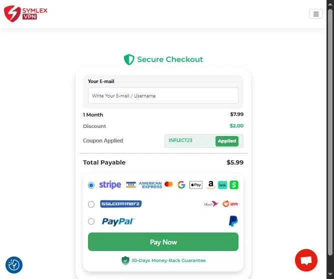 Symlex VPN checkout page showing Symlex VPN coupon code box | Screenshot taken by SimplyCodes community member on Jun 6, 2025
