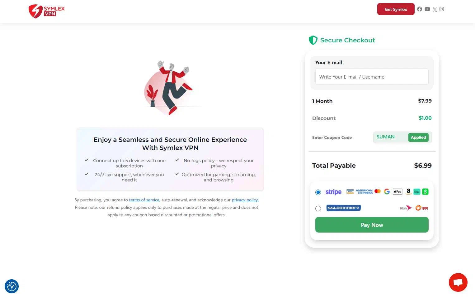 Symlex VPN checkout page showing Symlex VPN coupon code box | Screenshot taken by SimplyCodes community member on Dec 23, 2025