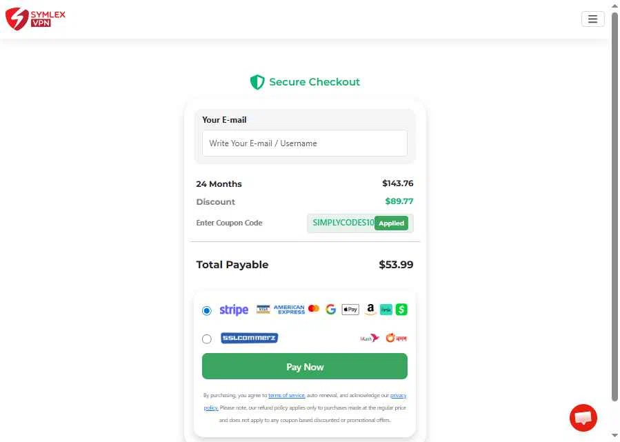 Symlex VPN checkout page showing Symlex VPN coupon code box | Screenshot taken by SimplyCodes community member on Jan 29, 2026