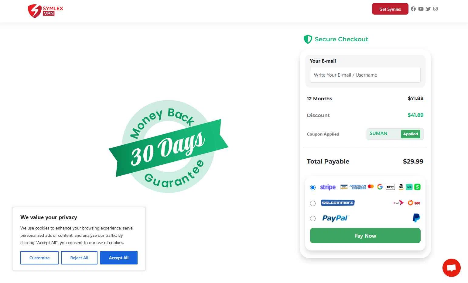 Symlex VPN checkout page showing Symlex VPN coupon code box | Screenshot taken by SimplyCodes community member on Jun 6, 2025