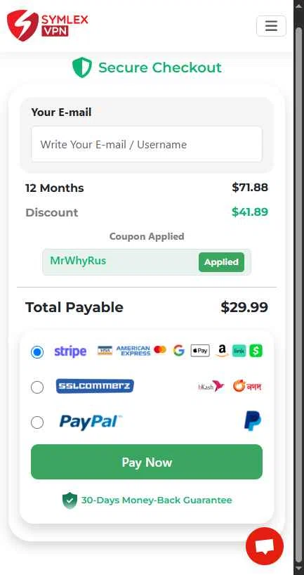 Symlex VPN checkout page showing Symlex VPN coupon code box | Screenshot taken by SimplyCodes community member on Apr 28, 2025