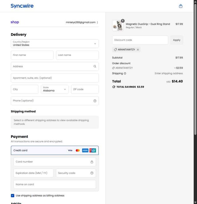 Syncwire checkout page showing Syncwire discount code box | Screenshot taken by SimplyCodes community member on Sep 3, 2025
