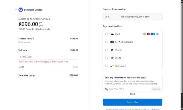 Synthesia checkout page showing Synthesia discount code box | Screenshot taken by SimplyCodes community member on Aug 15, 2025