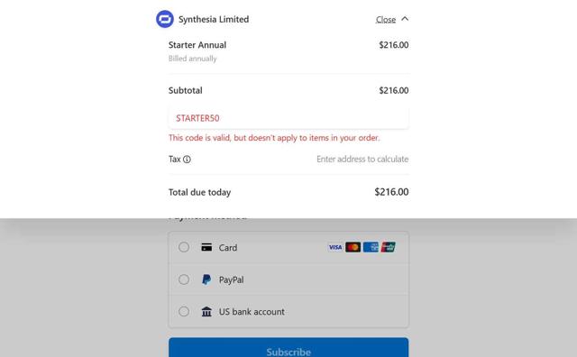 Synthesia checkout page showing Synthesia discount code box | Screenshot taken by SimplyCodes community member on Aug 25, 2025