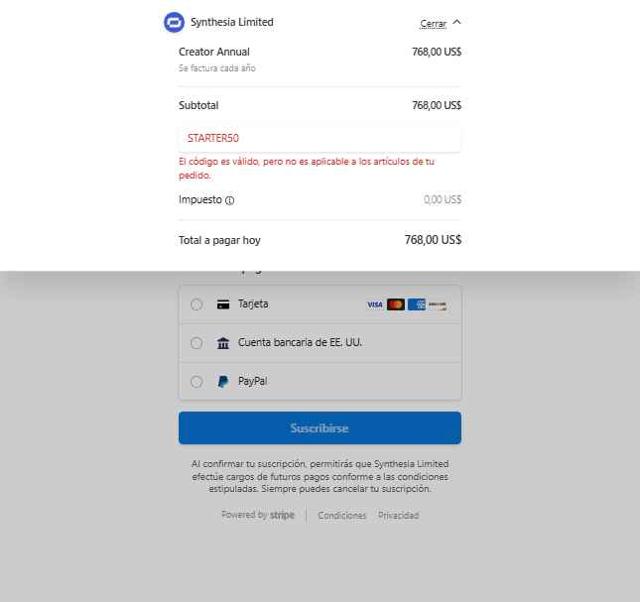 Synthesia checkout page showing Synthesia discount code box | Screenshot taken by SimplyCodes community member on Jul 22, 2025