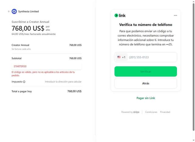 Synthesia checkout page showing Synthesia discount code box | Screenshot taken by SimplyCodes community member on Jul 29, 2025