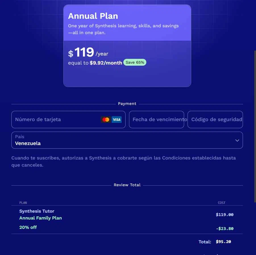 Synthesis Tutor checkout page showing Synthesis Tutor promo code box | Screenshot taken by SimplyCodes community member on Jan 21, 2026