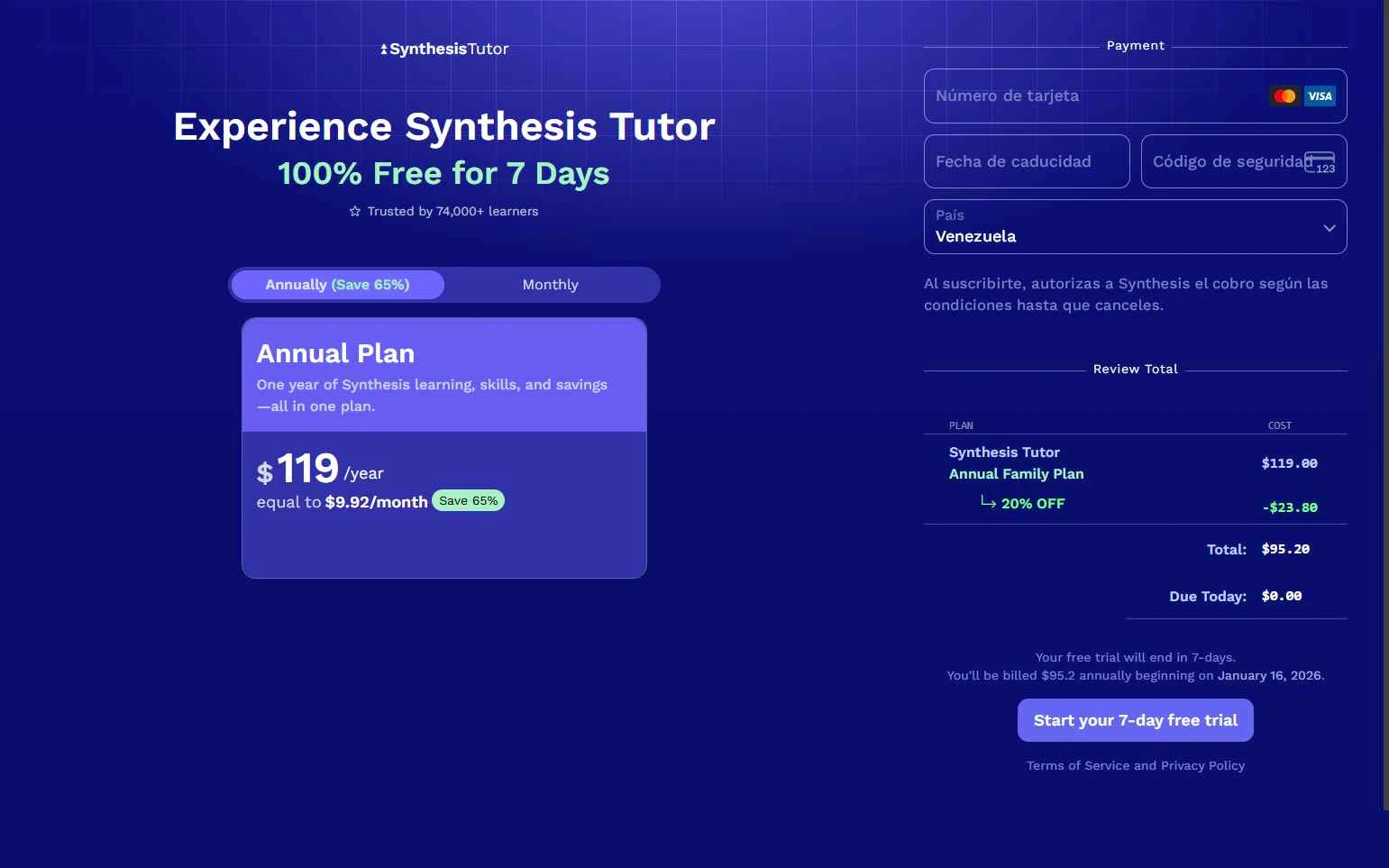 Synthesis Tutor checkout page showing Synthesis Tutor promo code box | Screenshot taken by SimplyCodes community member on Jan 9, 2026