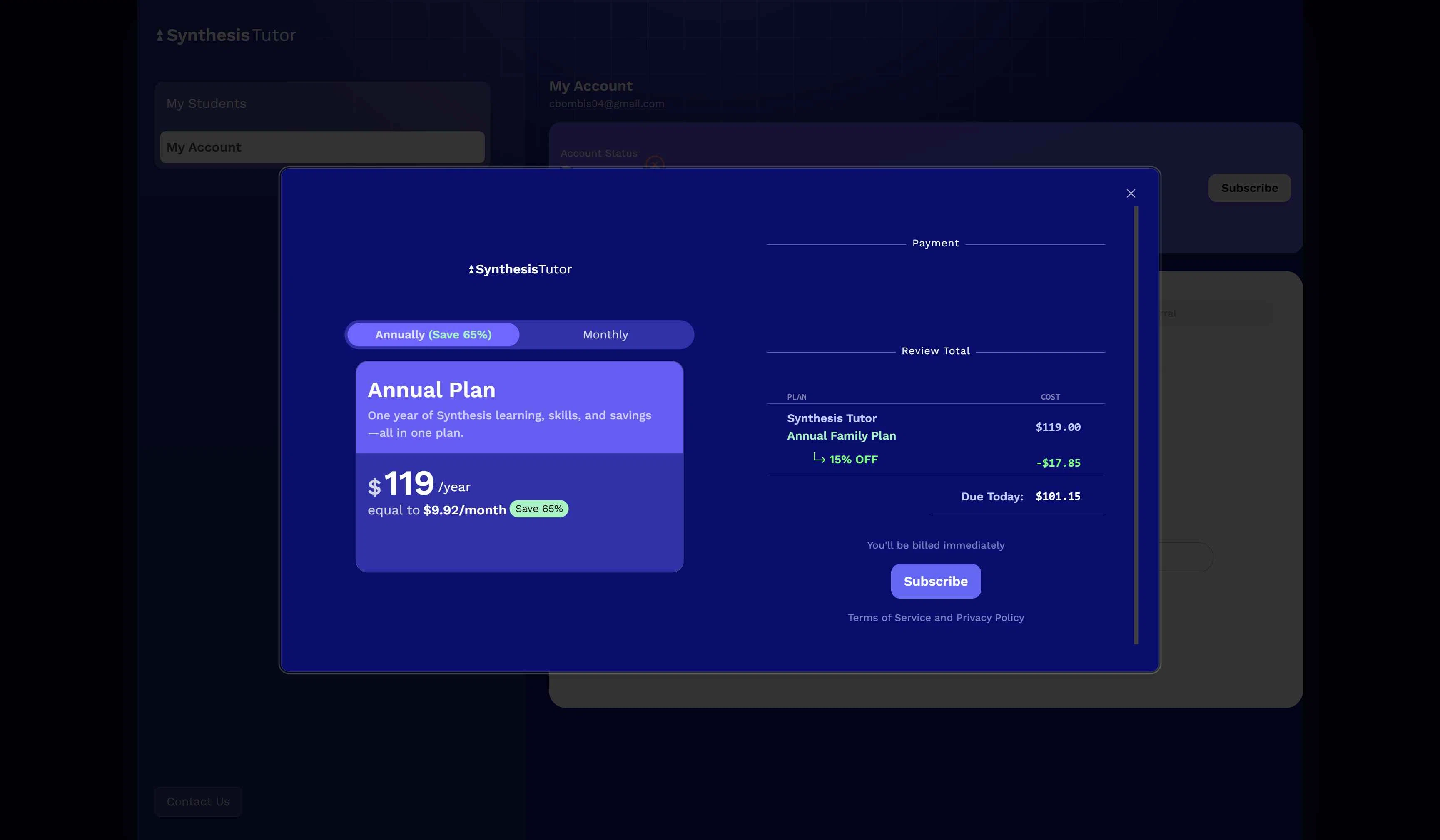 Synthesis Tutor checkout page showing Synthesis Tutor promo code box | Screenshot taken by SimplyCodes community member on Jan 3, 2026