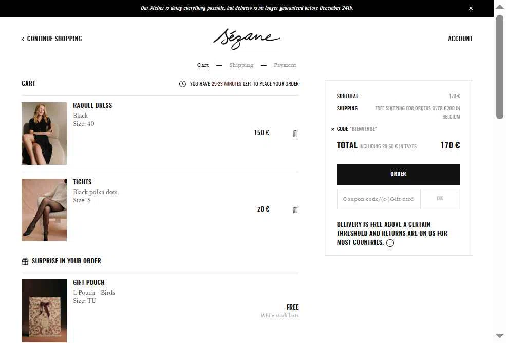 Sézane checkout page showing Sézane promo code box | Screenshot taken by SimplyCodes community member on Dec 23, 2025