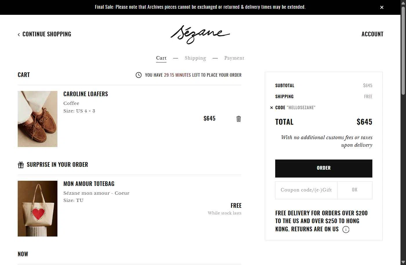 Sézane checkout page showing Sézane promo code box | Screenshot taken by SimplyCodes community member on Jan 12, 2026