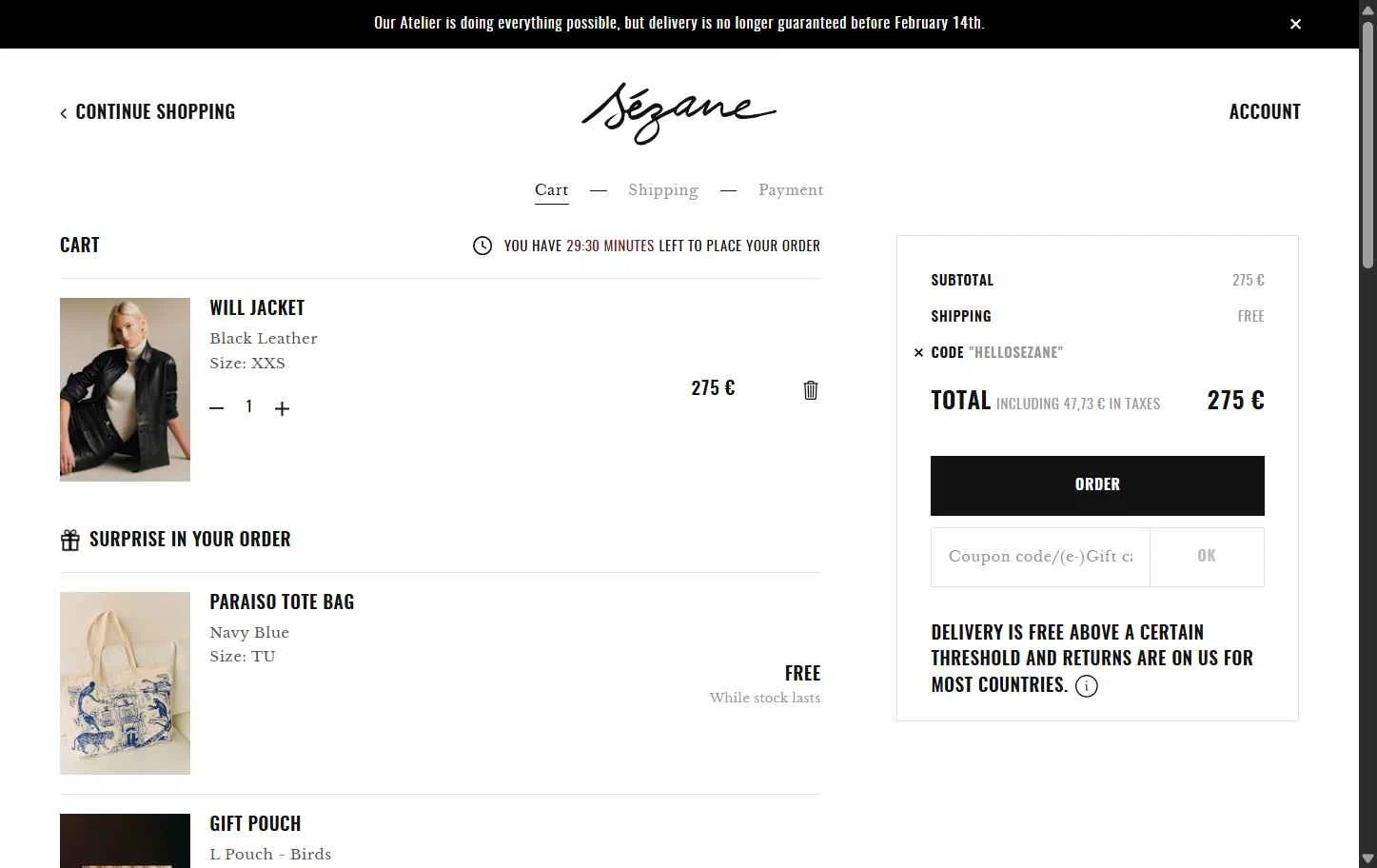 Sézane checkout page showing Sézane promo code box | Screenshot taken by SimplyCodes community member on Feb 7, 2026