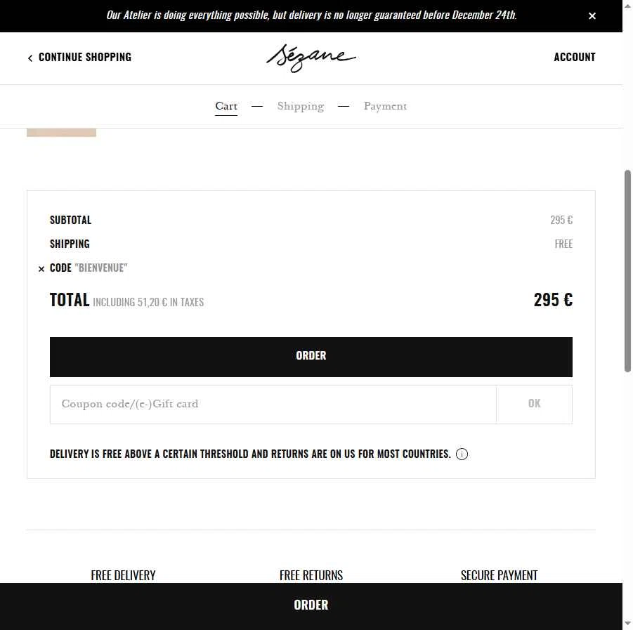 Sézane checkout page showing Sézane promo code box | Screenshot taken by SimplyCodes community member on Dec 15, 2025