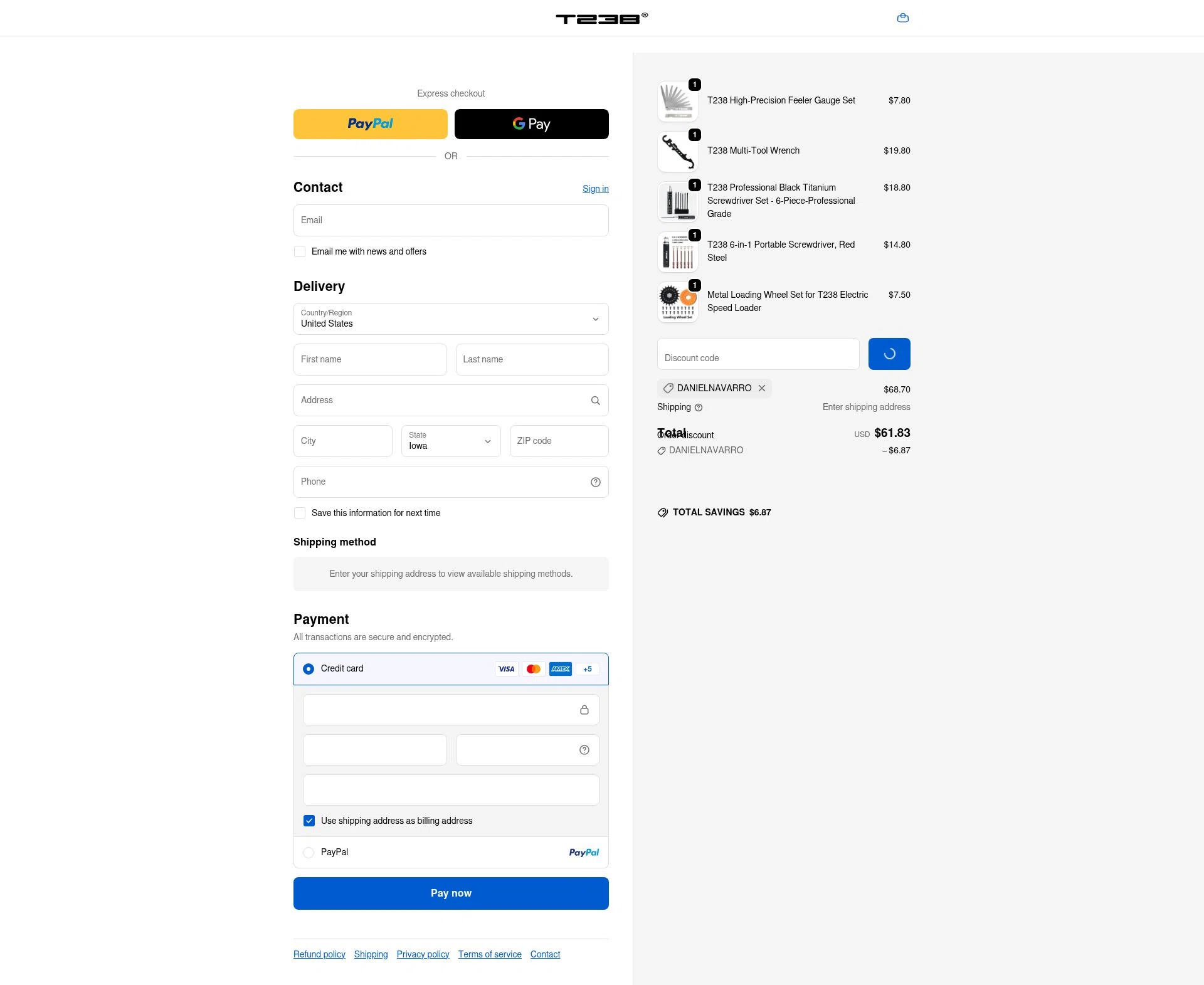 T238 checkout page showing T238 discount code box | Screenshot taken by SimplyCodes community member on Jan 11, 2026