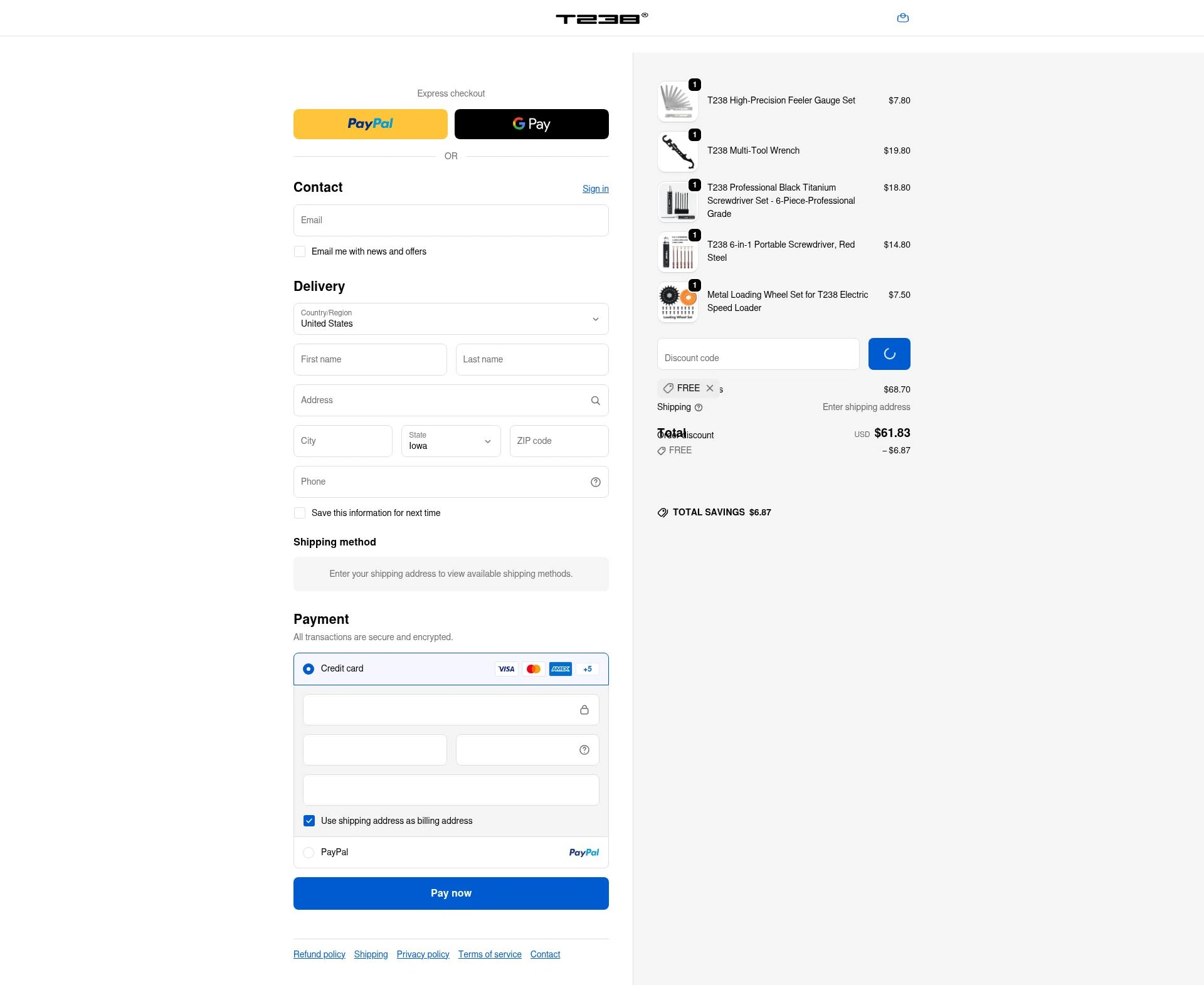 T238 checkout page showing T238 discount code box | Screenshot taken by SimplyCodes community member on Jan 11, 2026