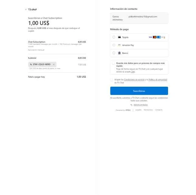 T3 Chat checkout page showing T3 Chat promo code box | Screenshot taken by SimplyCodes community member on Dec 21, 2025