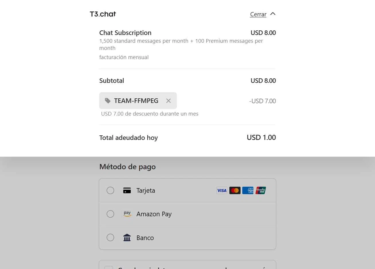 T3 Chat checkout page showing T3 Chat promo code box | Screenshot taken by SimplyCodes community member on Dec 31, 2025