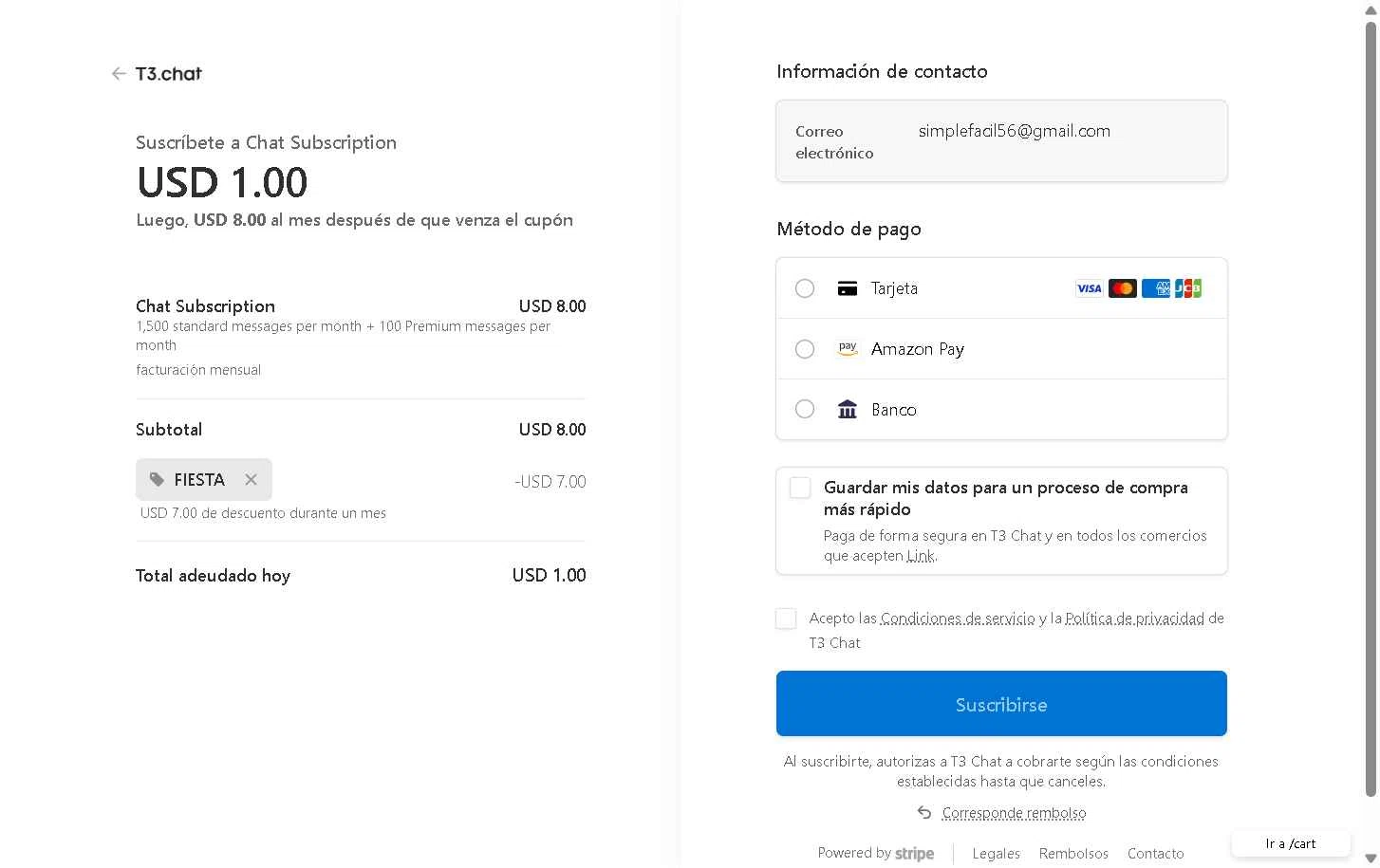T3 Chat checkout page showing T3 Chat promo code box | Screenshot taken by SimplyCodes community member on Jan 2, 2026