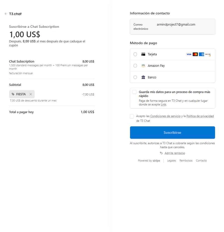 T3 Chat checkout page showing T3 Chat promo code box | Screenshot taken by SimplyCodes community member on Jan 31, 2026