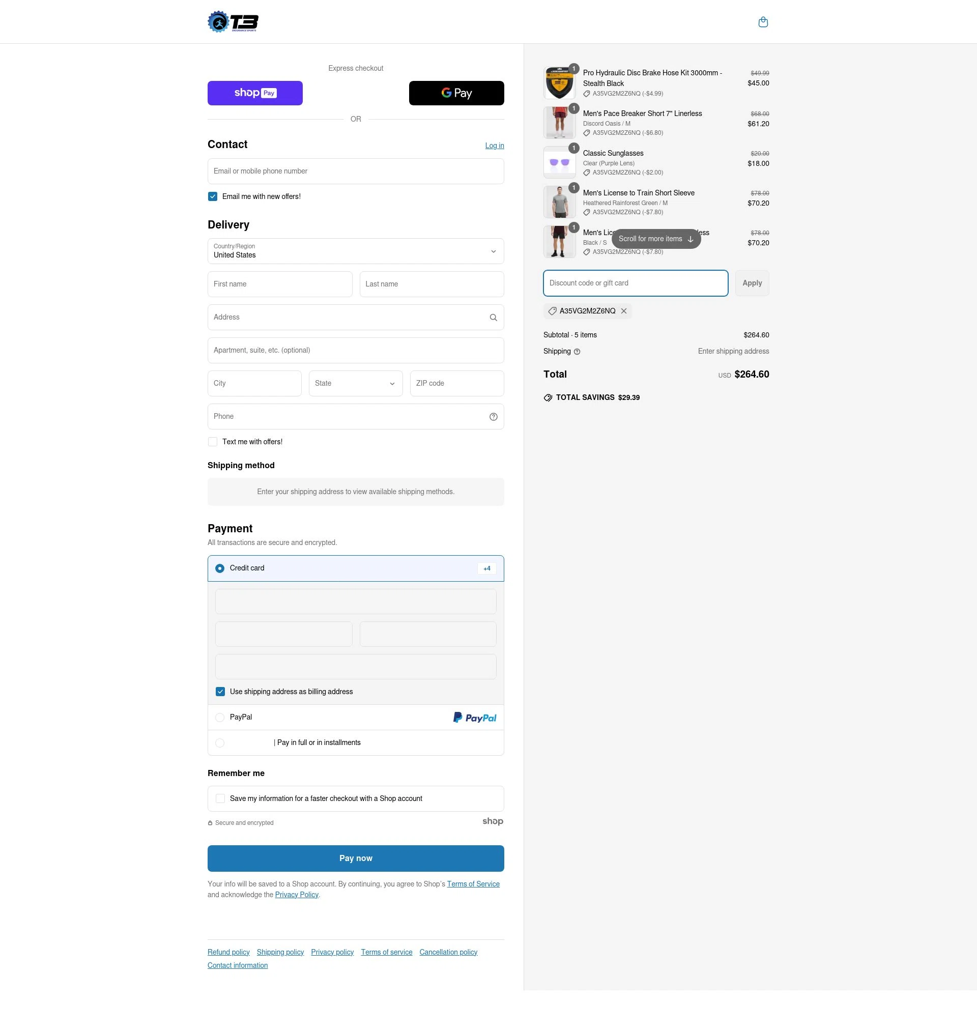 T3 Endurance Sports checkout page showing T3 Endurance Sports discount code box | Screenshot taken by SimplyCodes community member on Apr 8, 2025