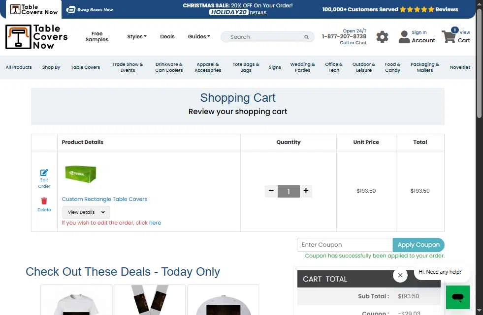 TableCoversNow checkout page showing TableCoversNow coupon code box | Screenshot taken by SimplyCodes community member on Dec 23, 2025