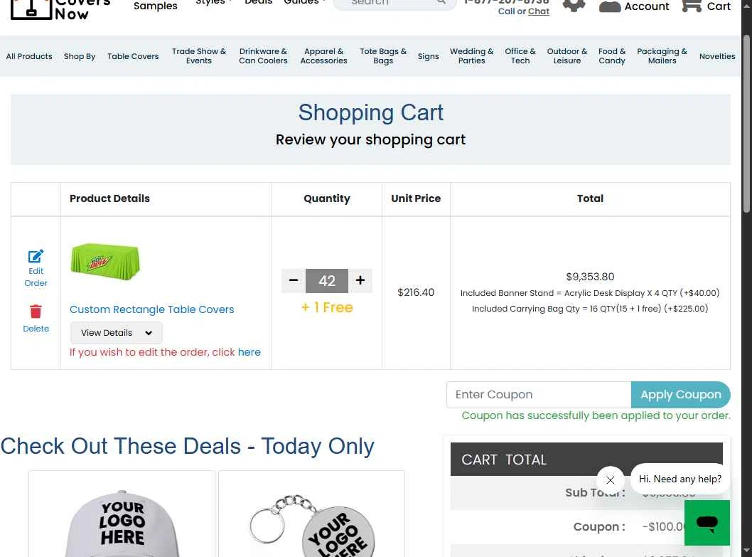 TableCoversNow checkout page showing TableCoversNow coupon code box | Screenshot taken by SimplyCodes community member on Jan 14, 2026