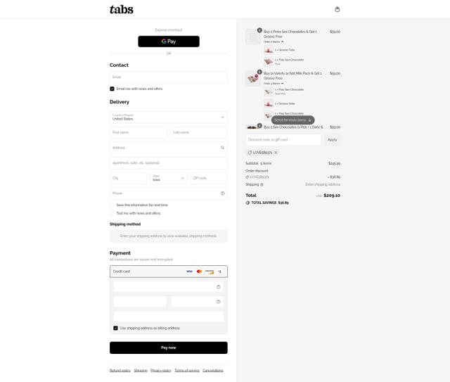 Tabs Chocolate checkout page showing Tabs Chocolate discount code box | Screenshot taken by SimplyCodes community member on Sep 13, 2025