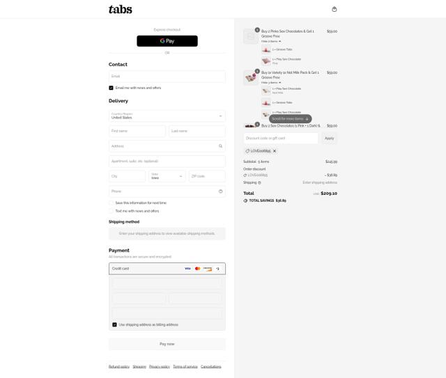 Tabs Chocolate checkout page showing Tabs Chocolate discount code box | Screenshot taken by SimplyCodes community member on Sep 13, 2025