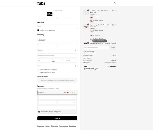 Tabs Chocolate checkout page showing Tabs Chocolate discount code box | Screenshot taken by SimplyCodes community member on Sep 13, 2025