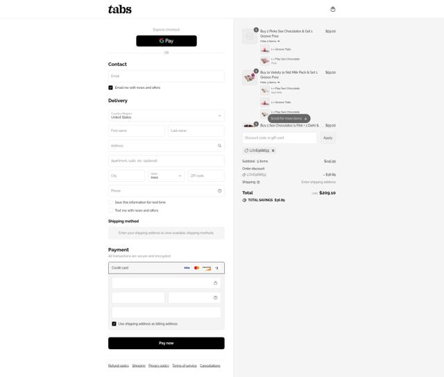 Tabs Chocolate checkout page showing Tabs Chocolate discount code box | Screenshot taken by SimplyCodes community member on Sep 13, 2025