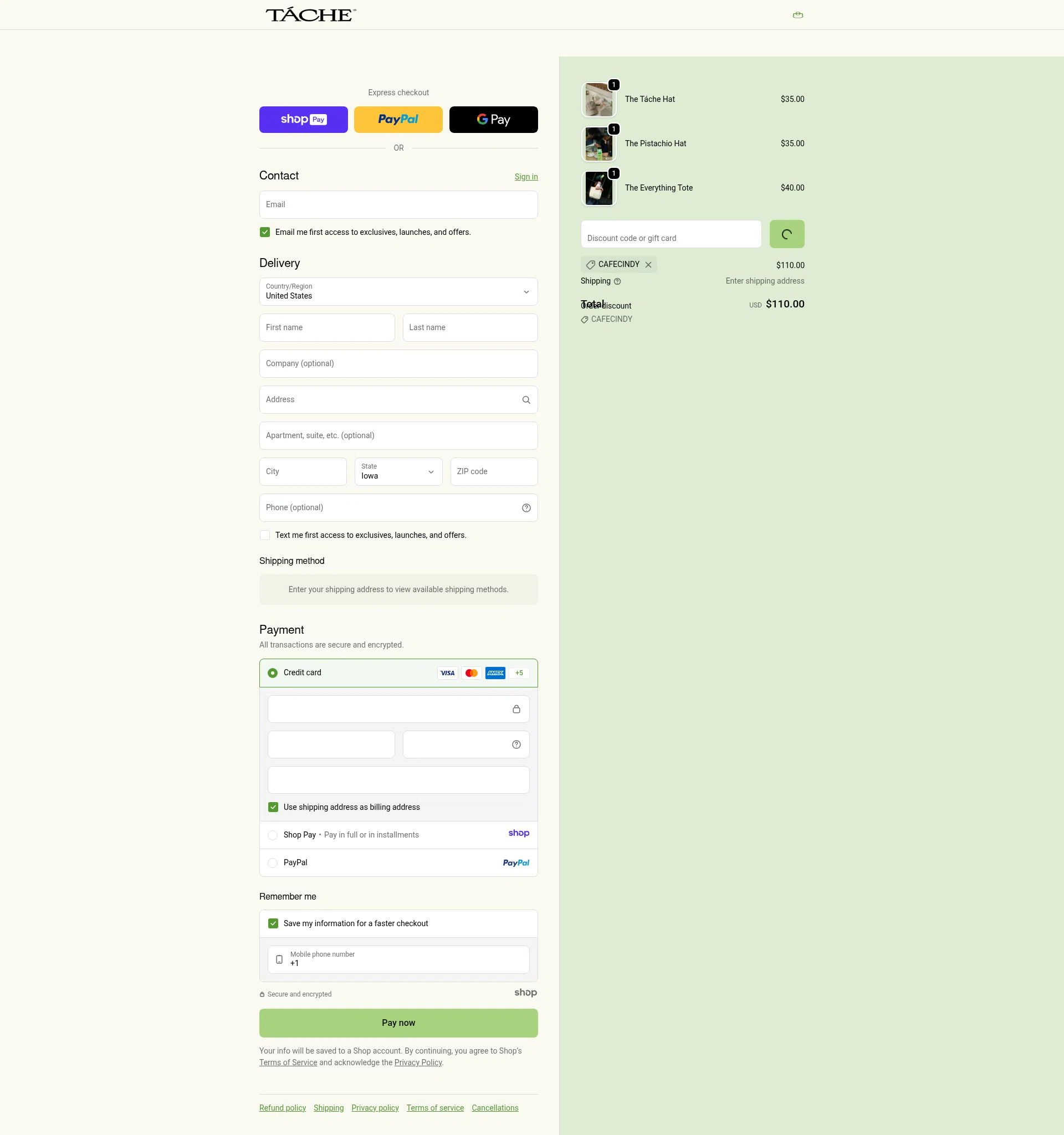 Tache Pistachio Milk checkout page showing Tache Pistachio Milk discount code box | Screenshot taken by SimplyCodes community member on Jan 9, 2026