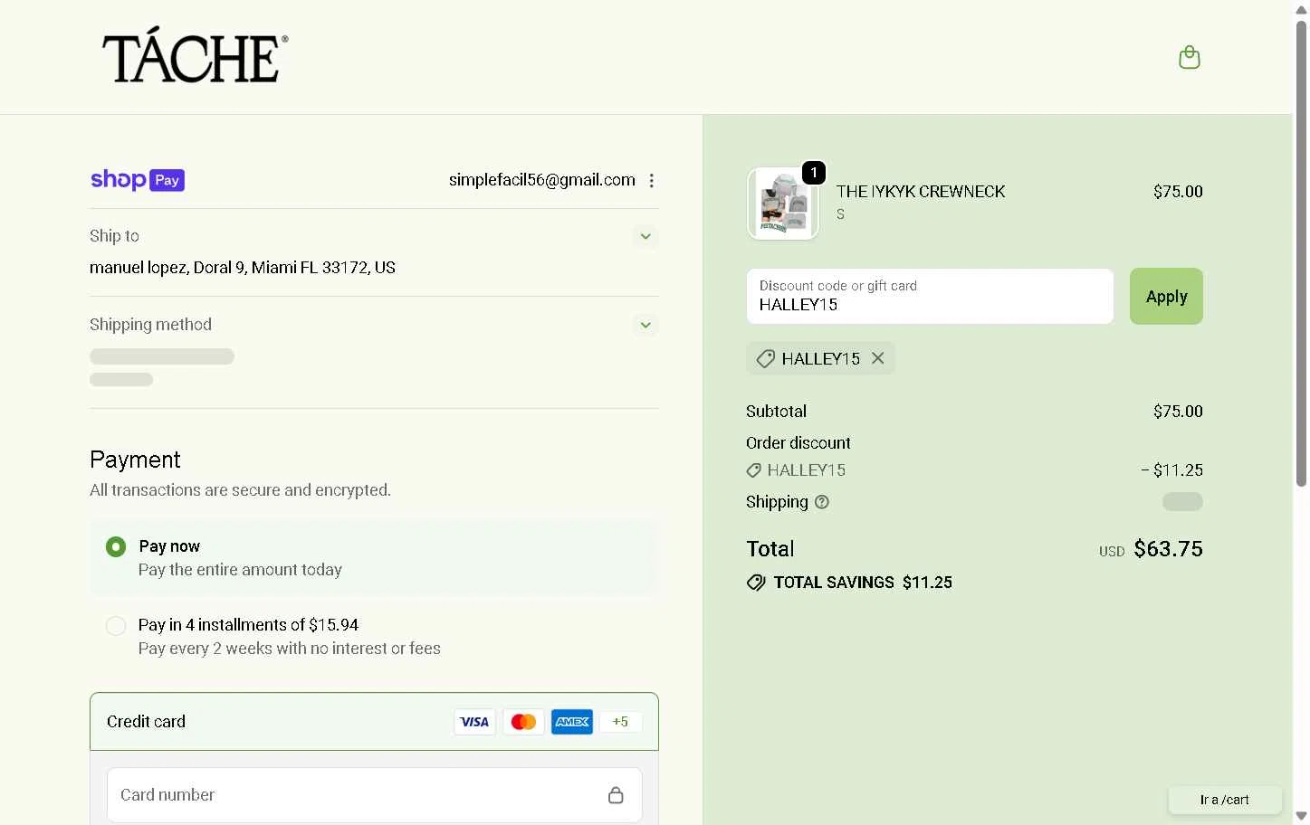 Tache Pistachio Milk checkout page showing Tache Pistachio Milk discount code box | Screenshot taken by SimplyCodes community member on Jan 9, 2026