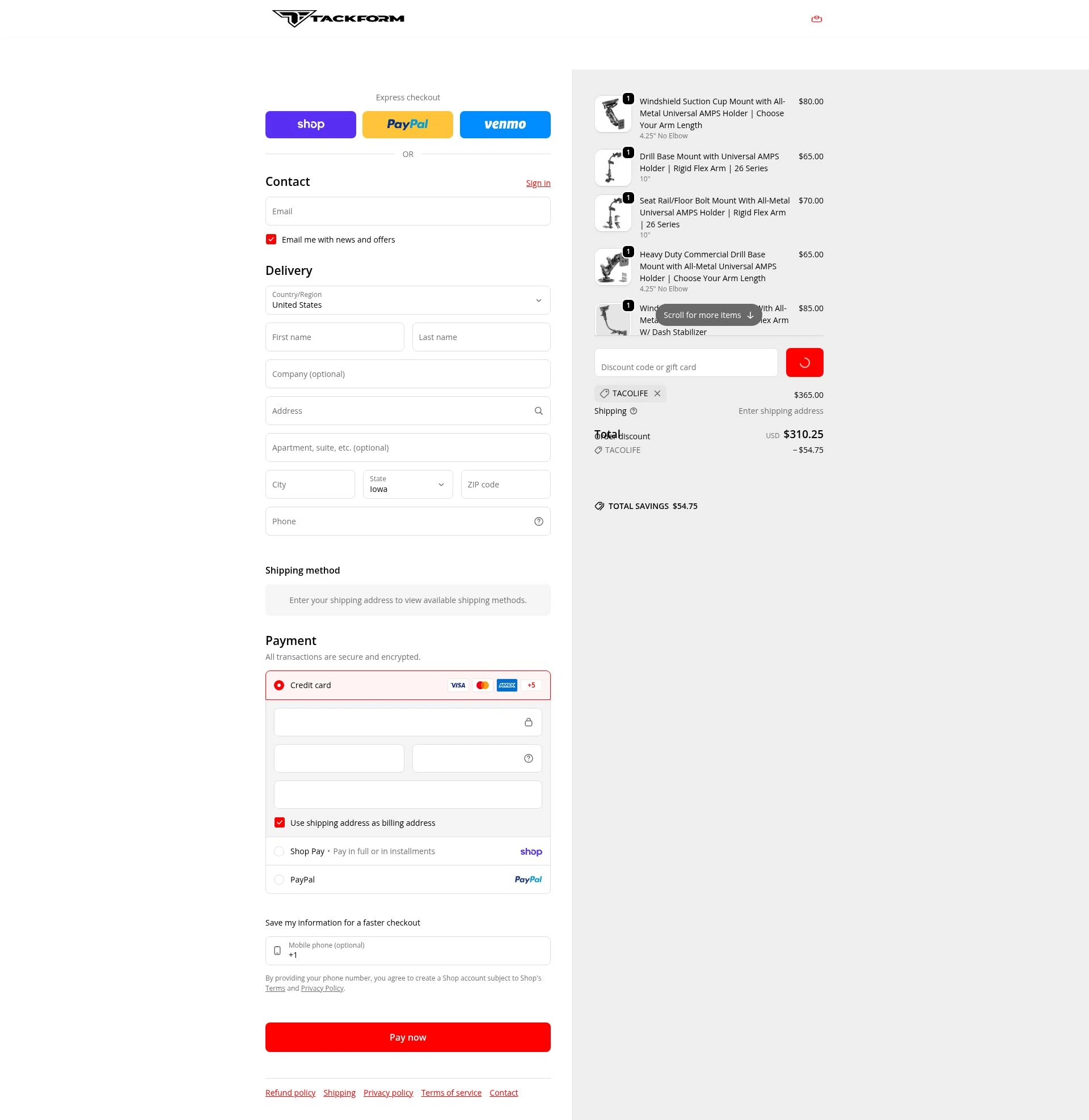 Tackform checkout page showing Tackform discount code box | Screenshot taken by SimplyCodes community member on Feb 7, 2026