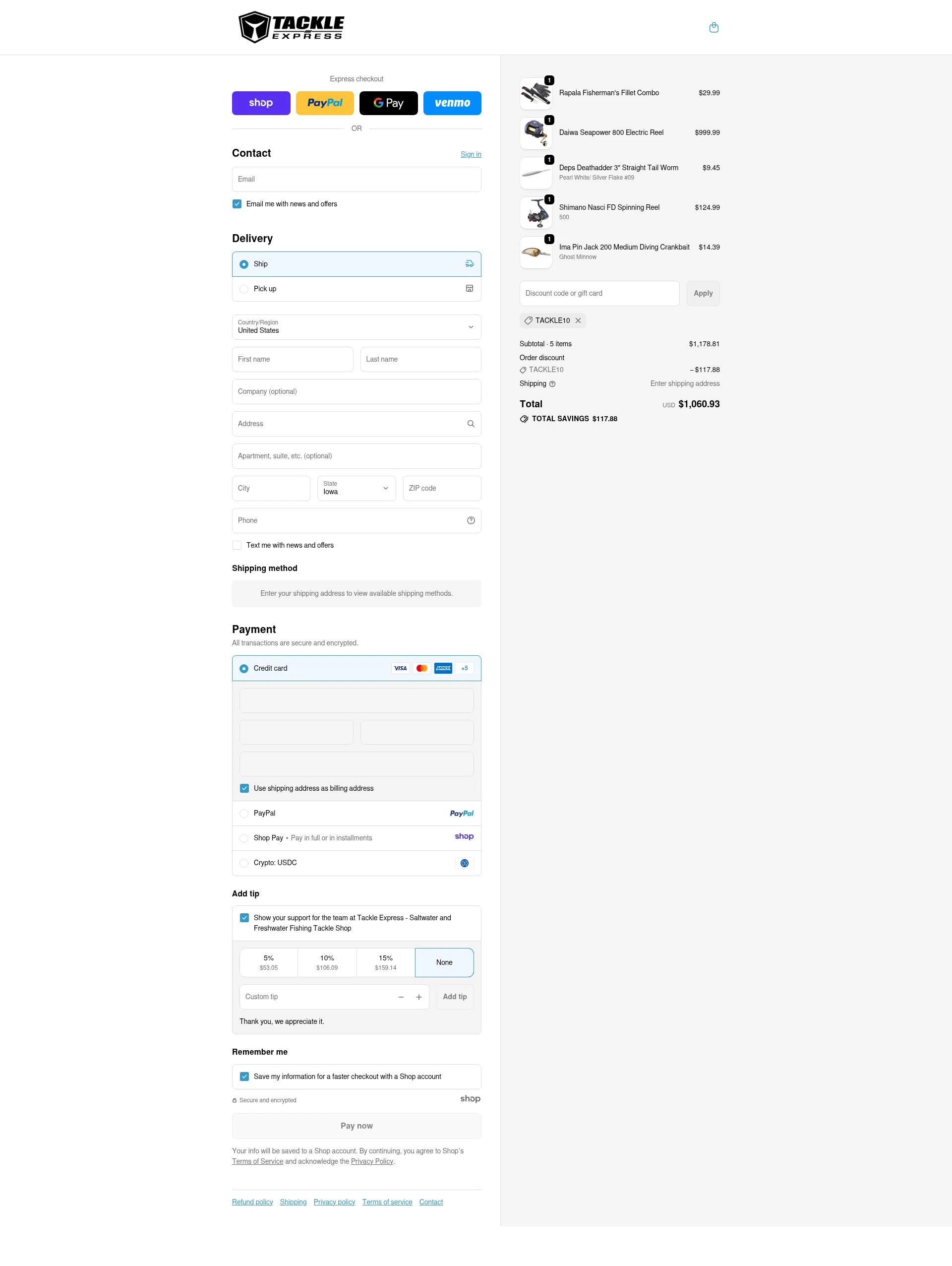Tackle Express checkout page showing Tackle Express discount code box | Screenshot taken by SimplyCodes community member on Nov 22, 2025