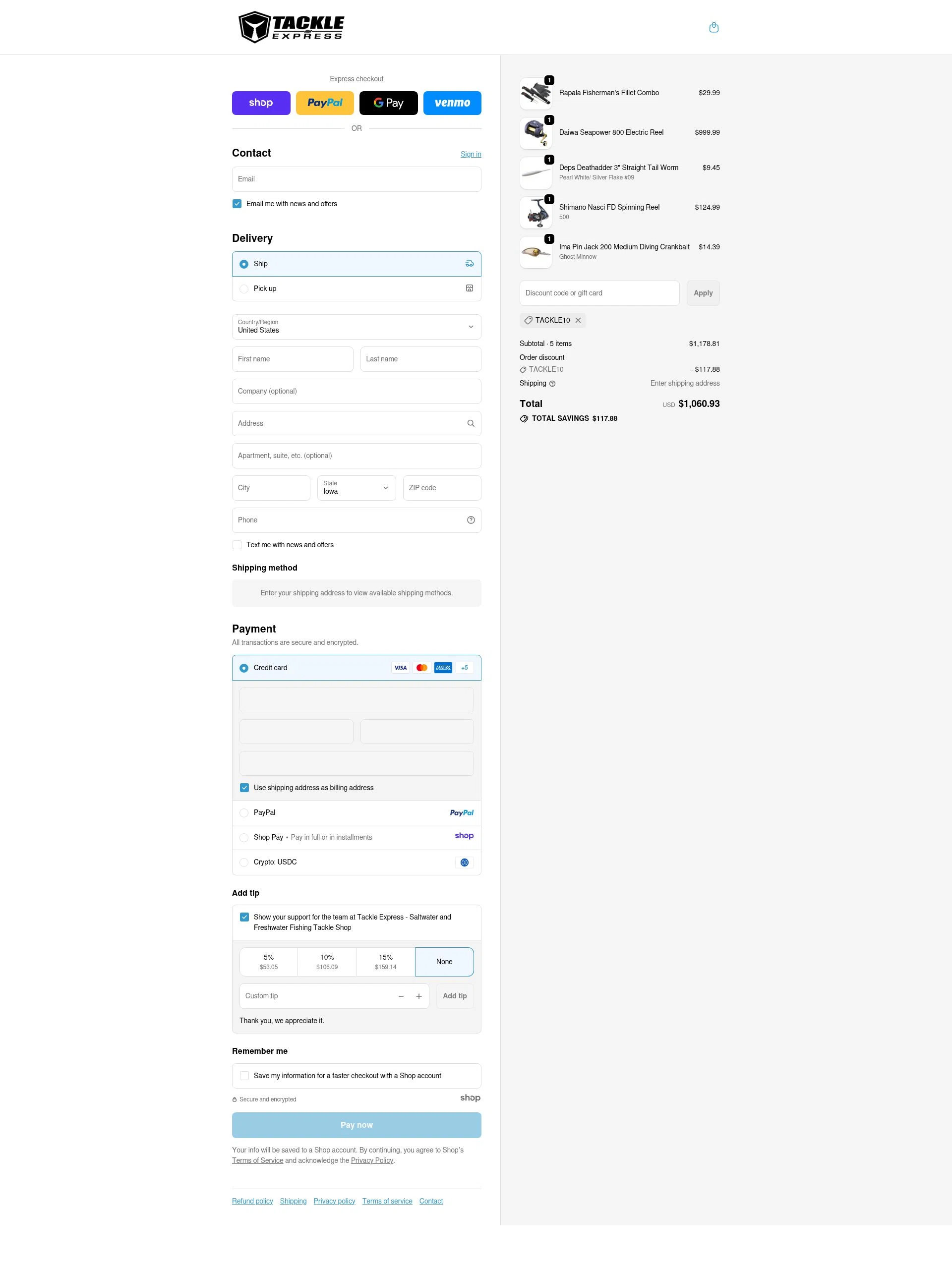 Tackle Express checkout page showing Tackle Express discount code box | Screenshot taken by SimplyCodes community member on Dec 2, 2025