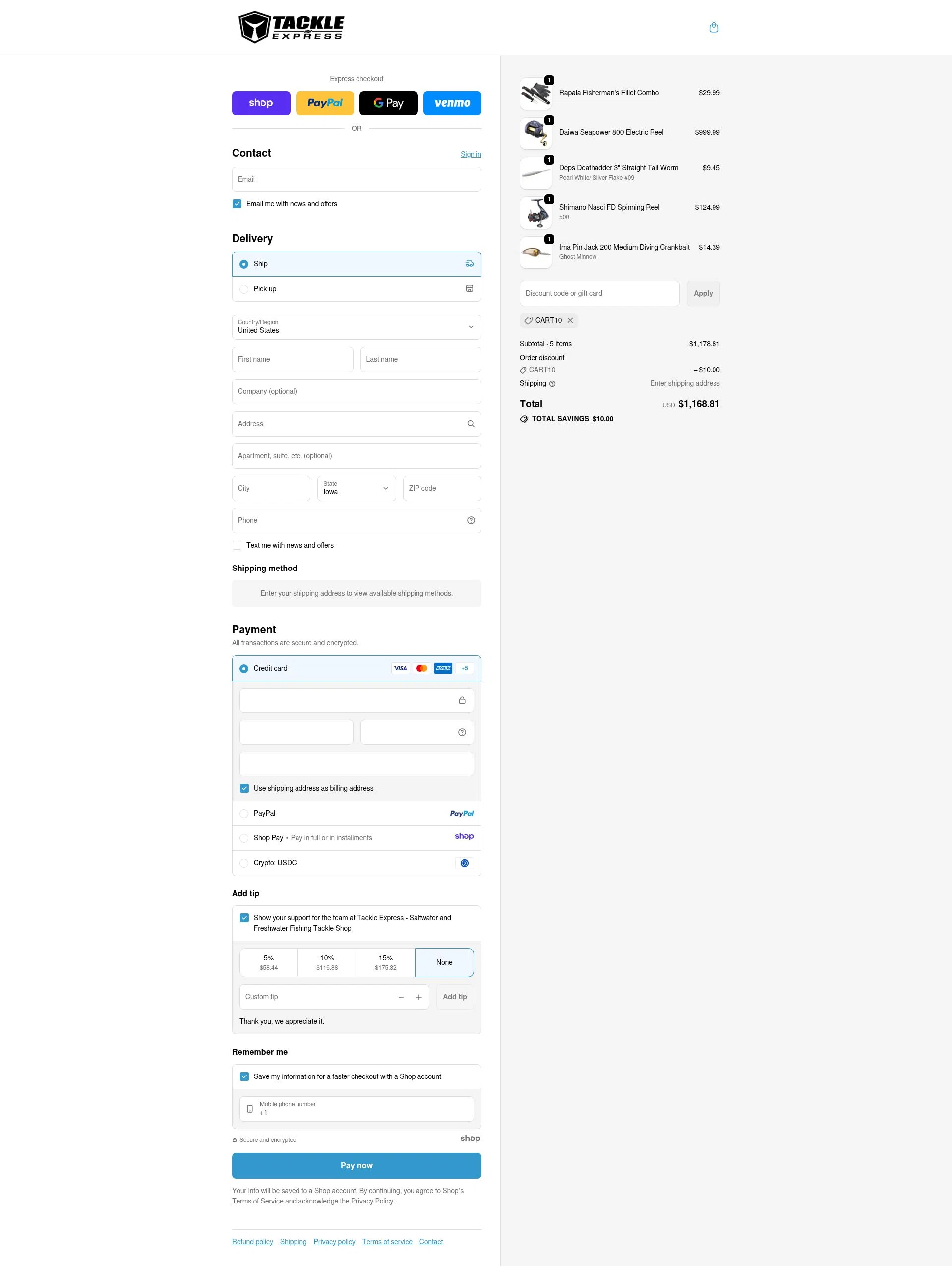 Tackle Express checkout page showing Tackle Express discount code box | Screenshot taken by SimplyCodes community member on Dec 2, 2025