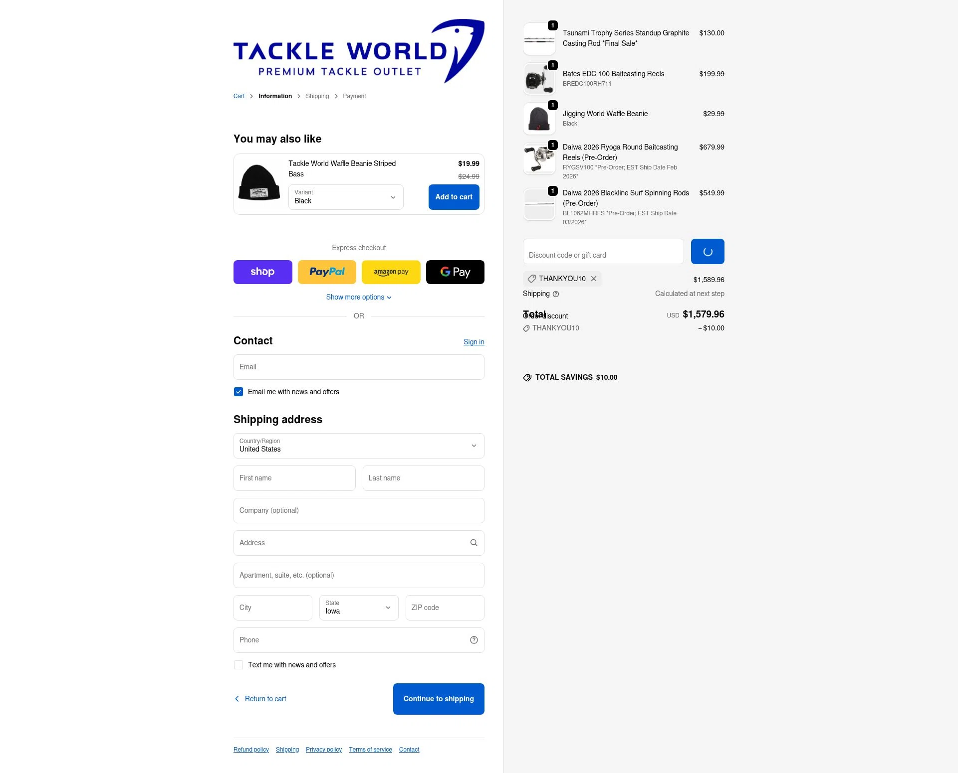 Tackle World checkout page showing Tackle World coupon code box | Screenshot taken by SimplyCodes community member on Jan 26, 2026