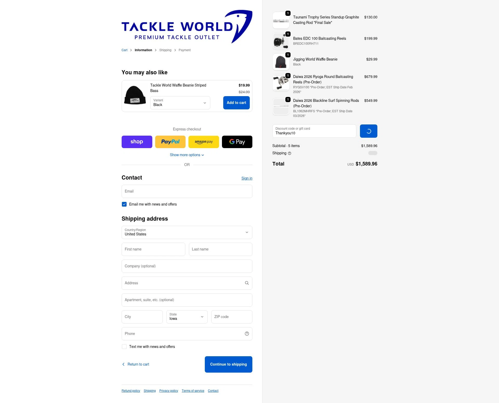 Tackle World checkout page showing Tackle World coupon code box | Screenshot taken by SimplyCodes community member on Feb 17, 2026