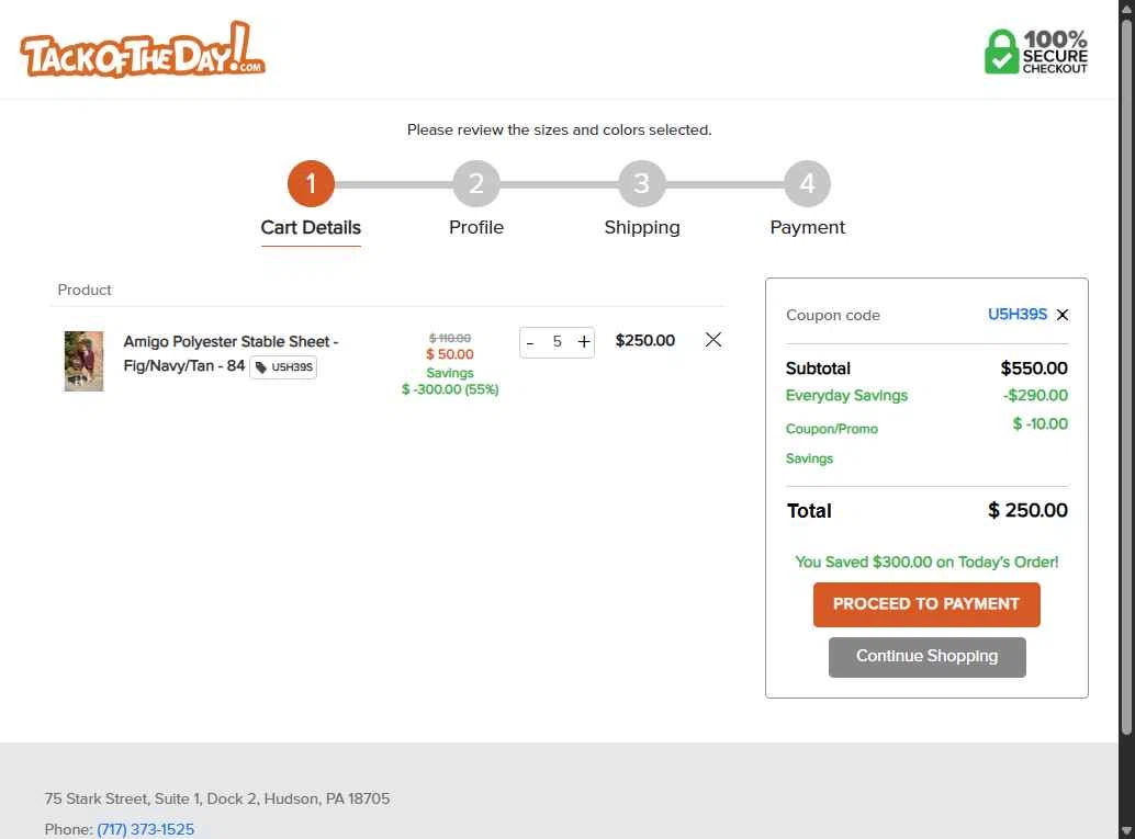 Tack of the Day checkout page showing Tack of the Day coupon code box | Screenshot taken by SimplyCodes community member on Nov 25, 2025