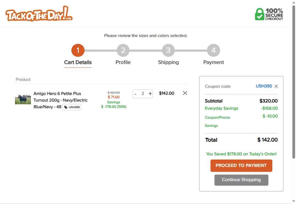Tack of the Day checkout page showing Tack of the Day coupon code box | Screenshot taken by SimplyCodes community member on Nov 25, 2025