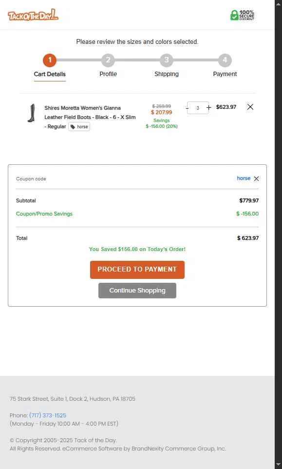 Tack of the Day checkout page showing Tack of the Day coupon code box | Screenshot taken by SimplyCodes community member on Oct 24, 2025