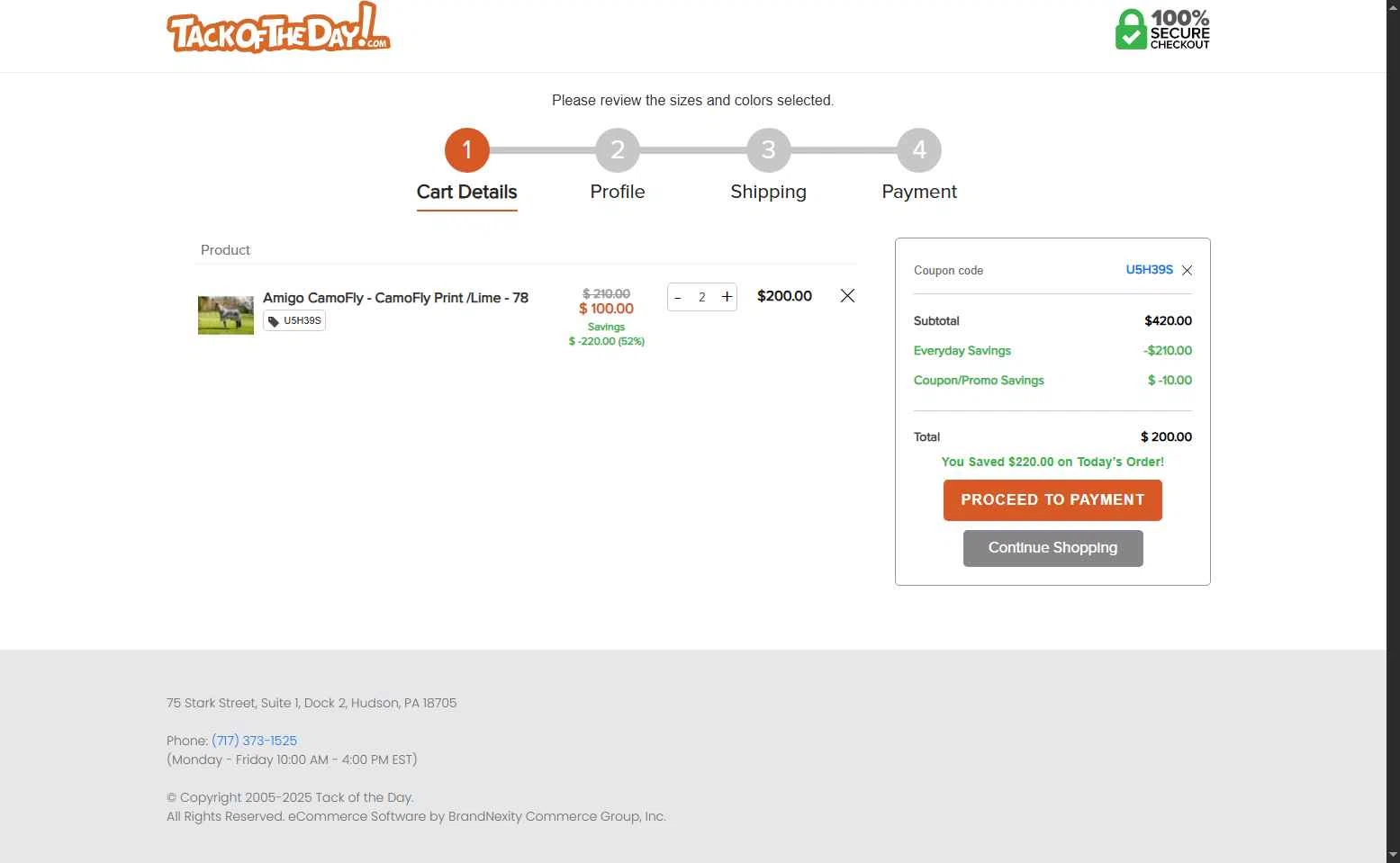 Tack of the Day checkout page showing Tack of the Day coupon code box | Screenshot taken by SimplyCodes community member on Oct 31, 2025