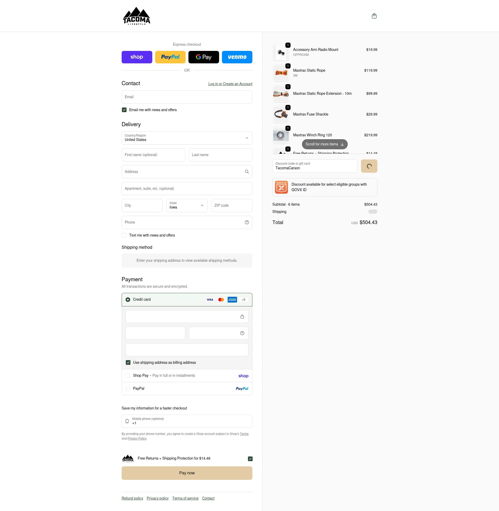 Tacoma Lifestyle checkout page showing Tacoma Lifestyle discount code box | Screenshot taken by SimplyCodes community member on Feb 1, 2026